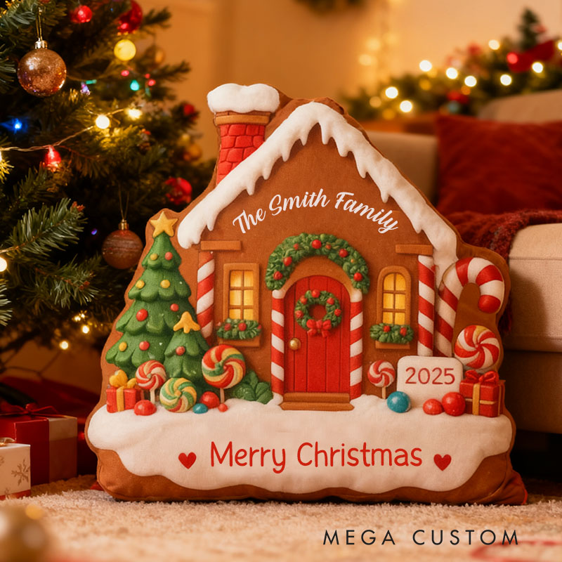 Personalized Christmas Pillow Graphic 3D Print Custom Names and Address Cozy Holiday Decor with Festive Gingerbread House Design Soft Accent Cushion