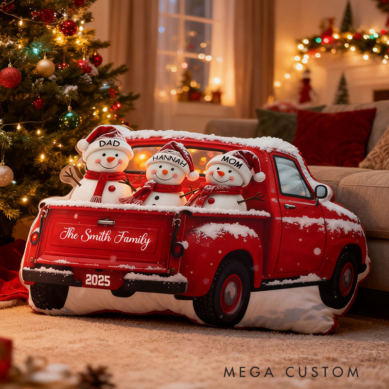 Personalized Holiday Pillow Graphic 3D Print Custom Family Names Cozy Christmas Decor with Festive Truck and Snowman Design Soft Accent Cushion