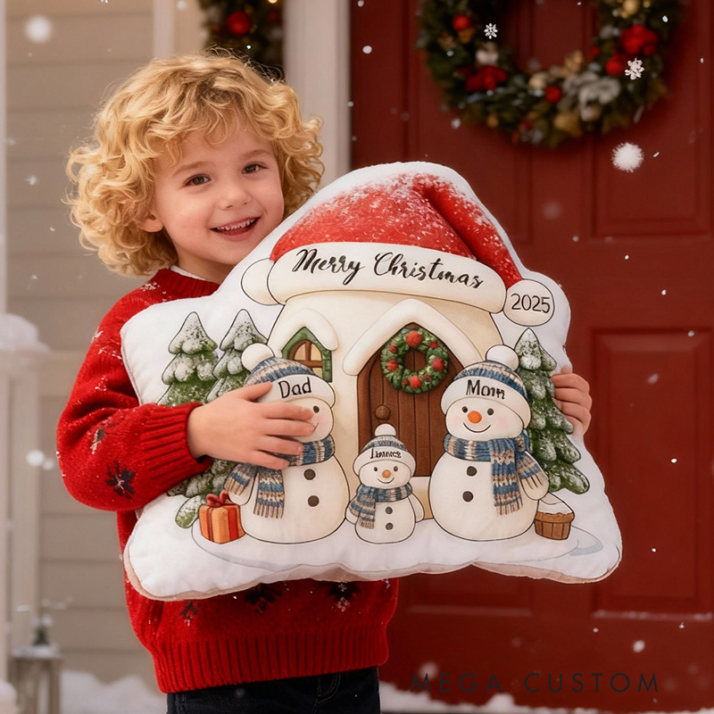 Personalized Christmas Pillow Graphic 3D Print Custom Family Names Cozy Holiday Decor with Snowman Family and Festive House Soft Accent Cushion Gift