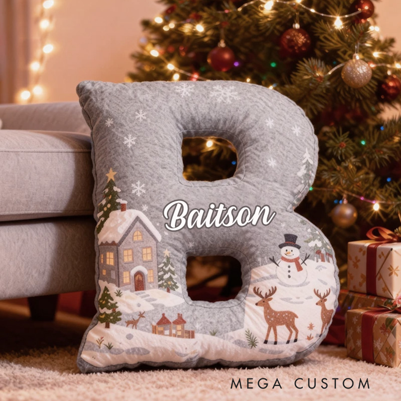 Personalized Christmas Gray Letter Pillow Graphic 3D Print Custom Name Cozy Holiday Decor with Winter Scene Snowman and Deer Design Soft Christmas Gift