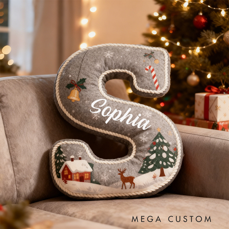 Personalized Christmas Letter Pillow Graphic 3D Print Custom Name Cozy Holiday Decor with Festive Winter Scene Candy Cane and Deer Design
