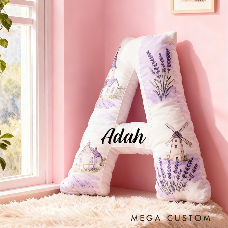 Personalized 26 Letter Pillow Graphic 3D Print Custom Name Cozy Home Decor with Lavender and Windmill Design Perfect Gift Idea for Any Room