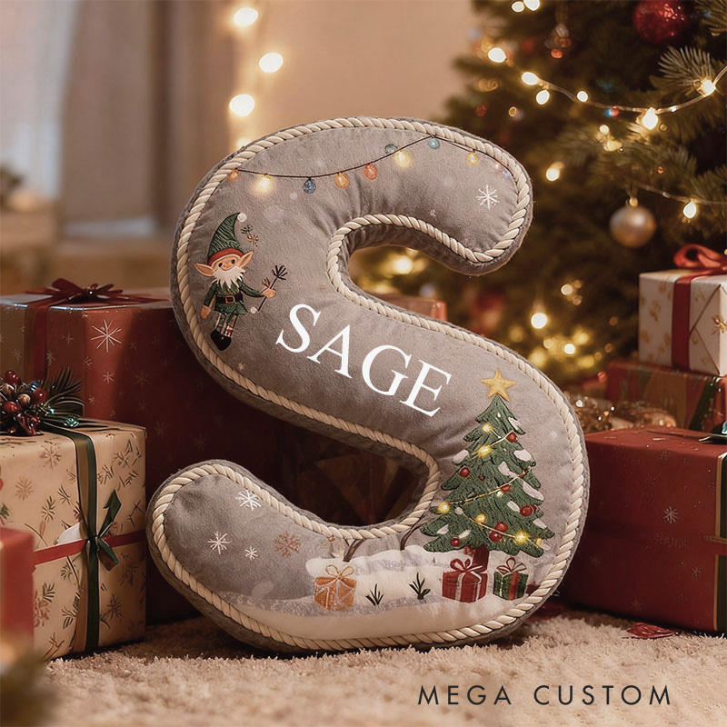 Personalized Gray Christmas Pillow Graphic 3D Print Custom Name Cozy Holiday Decor with Festive Elf and Christmas Tree Design Cushion Perfect Gift