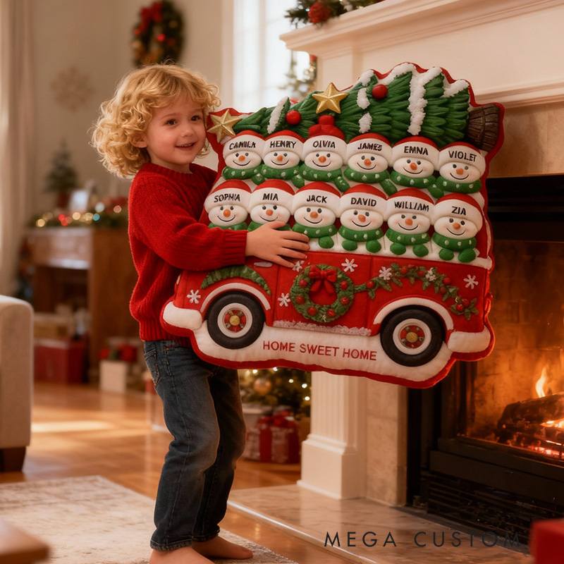 Personalized Christmas Pillow Graphic 3D Print Custom Family Names Cozy Holiday Decor with Snowman and Festive Bus Design Perfect Seasonal Gift Idea