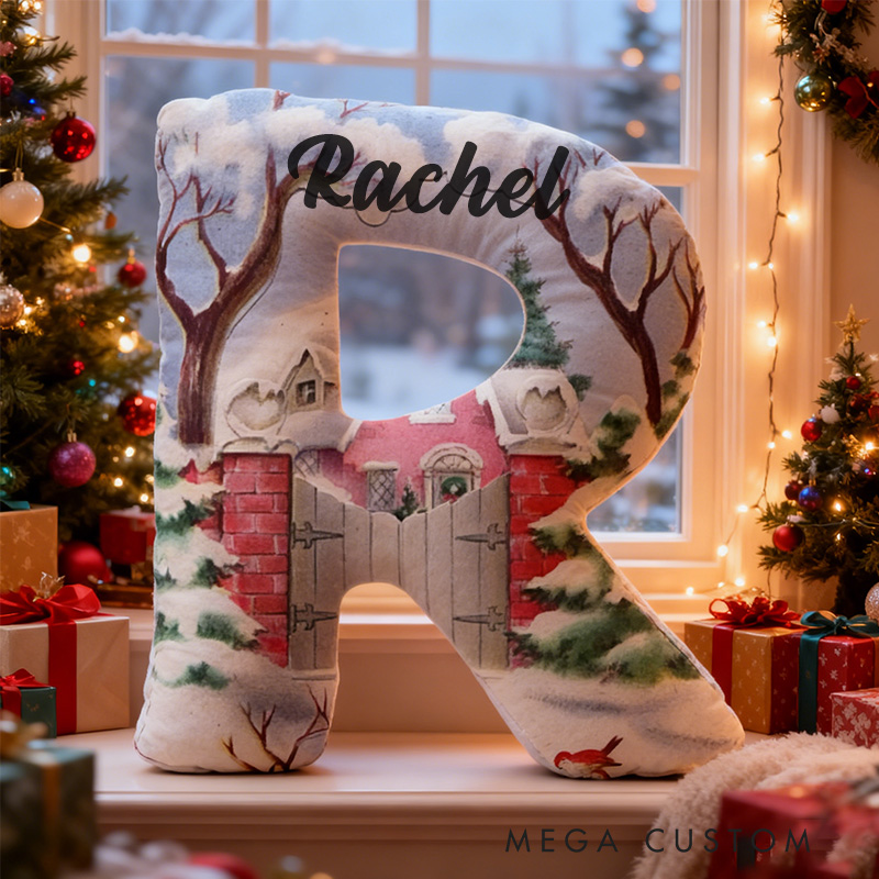 Personalized 26 Letter Pillow Graphic 3D Print Custom Name Cozy Holiday Decor with Winter Wonderland and Cabin Design Christmas Gifts