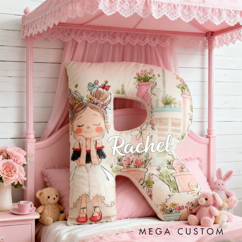 Personalized Girl and Flower Alphabet Throw Pillow Garden Letter Pillow with Name for Kids Girl Boy Christmas Gifts Loving Room Decor