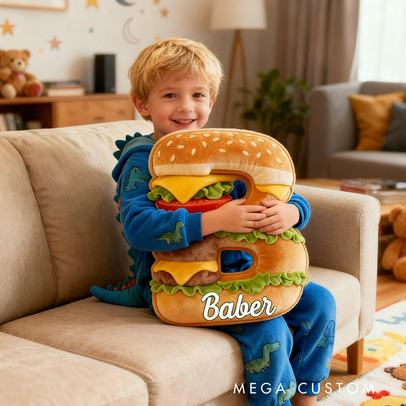 Personalized Burger Alphabet Throw Pillow Hamburger Letter Pillow with Name for Kids Girl Boy Baker Christmas Gifts Loving Room Decor
