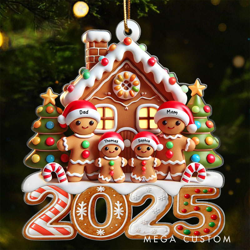 Personalized 2025 Gingerbread Family with Gingerbread House Custom Acrylic Ornament
