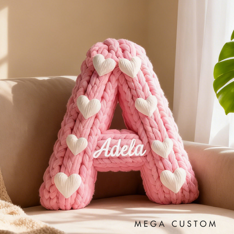 Personalized Pink Knitted Heart Alphabet Throw Pillow Knitting Letter with Name for  Girlfriend Wife Valentine's Day Gifts Loving Room Decor