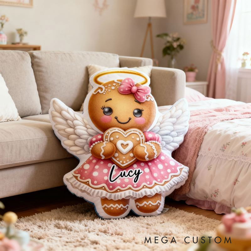 Personalized Angel Gingerbread Girl in Pink Dress Throw Pillow with Name for Kids Girl Baker Christmas Gifts Loving Room Decor