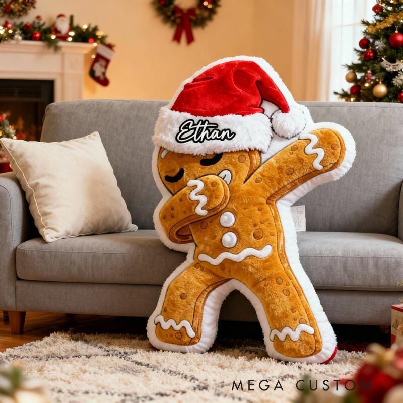 Personalized Gingerbread Man with Santa Hat Throw Pillow with Name for Kids Girl Boy Baker Christmas Gifts Loving Room Decor