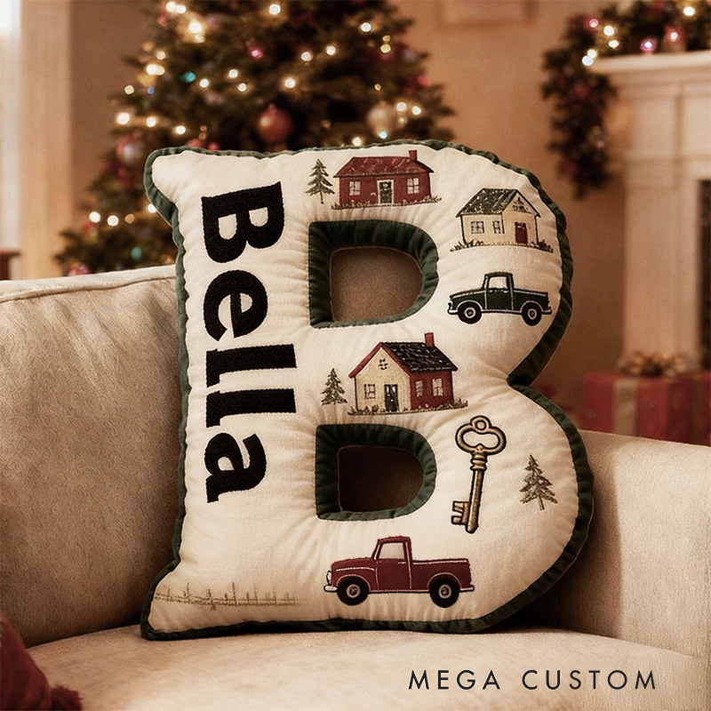 Personalized Christmas Letter Pillow with House and Truck Custom Name Festive Holiday Decor Cozy Gift for Seasonal Celebration Graphic 3D Print 