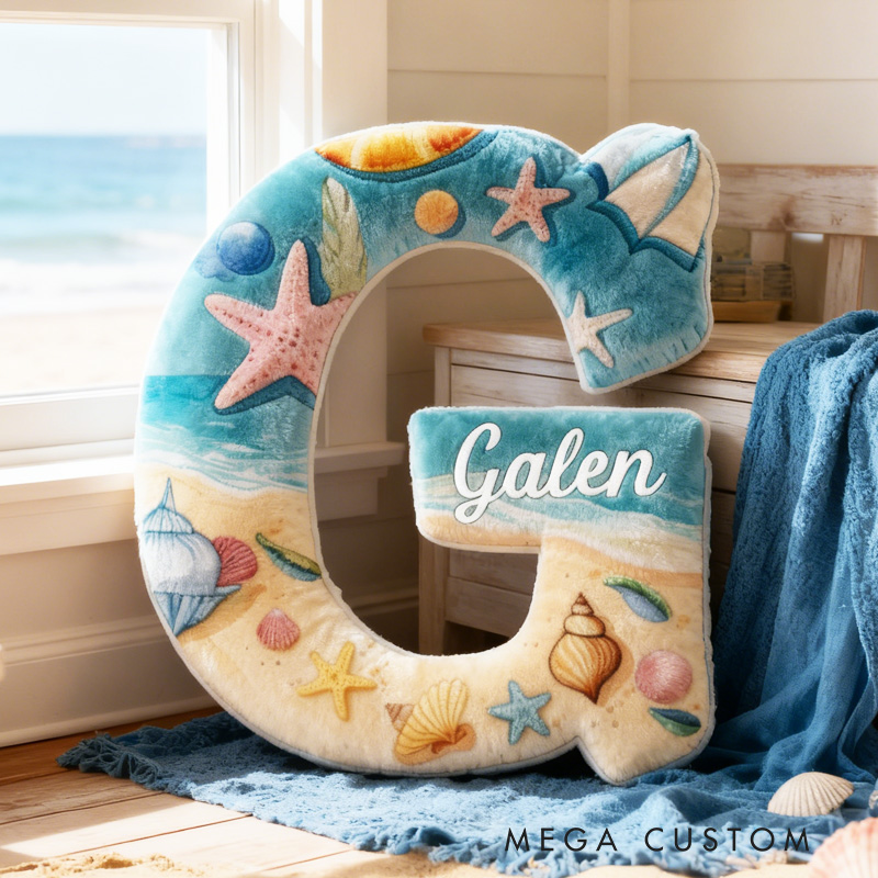 Personalized Beach Travel Alphabet Throw Pillow Seashell Letter Pillow with Name Sea Initial Pillow for Kids Boys Girls Travelling Lover Christmas Gift