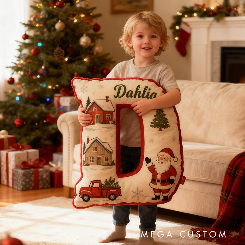 Personalized Christmas Letter Pillow Holiday Decor Custom Initial Cushion Festive Santa And Truck Design Perfect Gift For Family Or Friends