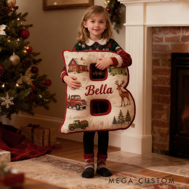 Personalized Christmas Letter Pillow Custom Festive Design With Cozy Houses Vintage Trucks And Reindeer Holiday Home Decor Gift Graphic 3D Print