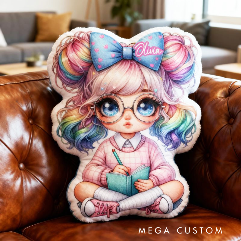 Personalized Cute Girl with Colorful Bow Hair Design Throw Pillow Cartoon Girl Pillow with Name Book Initial Pillow for Kids Boys Girls Book Lover Christmas Gift