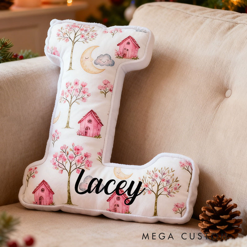 Personalized Letter Pillow Custom Whimsical Pink Cottage And Nature Design Soft Cushion Adorable Home Decor Perfect Gift For Kids Bedrooms