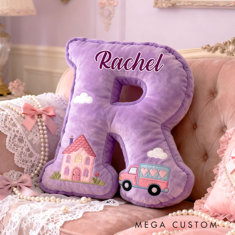 Personalized Letter Pillow Custom Purple Cottage And Heart Truck Design Perfect Gift For Kids Bedrooms Or Special Occasions Graphic 3D Print