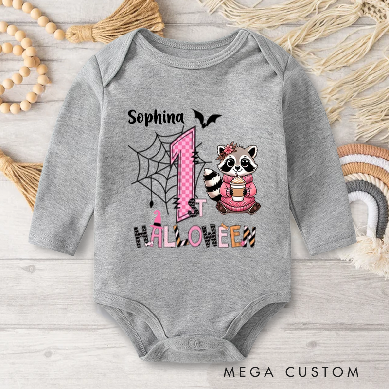 Personalized Cute Peter Rabbit Ghost Raccoon Halloween Elements Baby Bodysuit with Name First Halloween Gift for Newborns