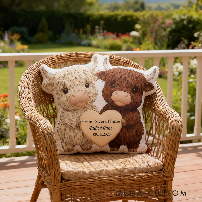 Personalized Couple Pillow Custom Highland Cow Design Soft Plush Cushion Cute Home Decor Perfect Gift For New Home Anniversaries Graphic 3D Print