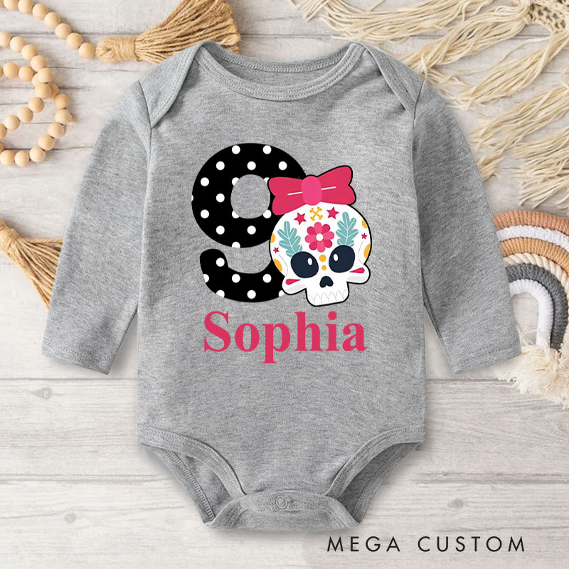 Personalized Minnie Mouse Inspired Skull Design for Baby's First Halloween Celebration Baby Bodysuit