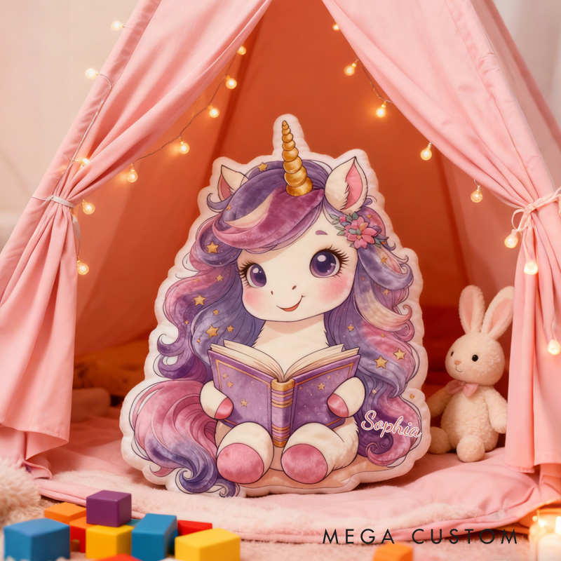 Personalized Cute Reading Horse Throw Pillow Cartoon Horse Pillow with Name Book Pillow for Kids Boys Girls Book Lover Christmas Gift