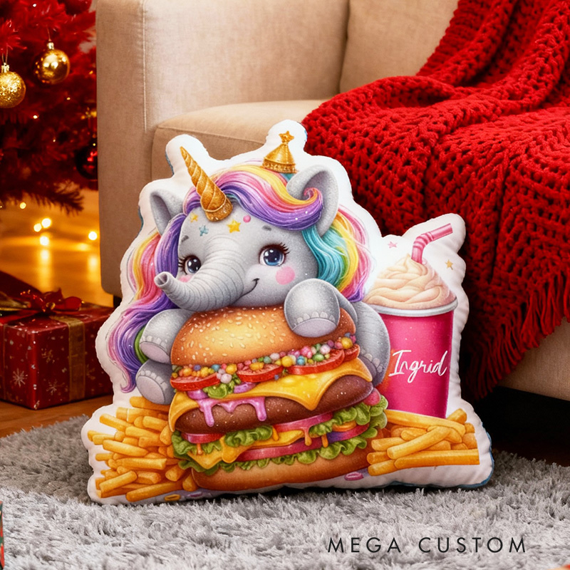Personalized Elephant and Hamburger Throw Pillow with Name Cute Burger Pillow for Kids Girl Baker Christmas Gifts Loving Room Decor