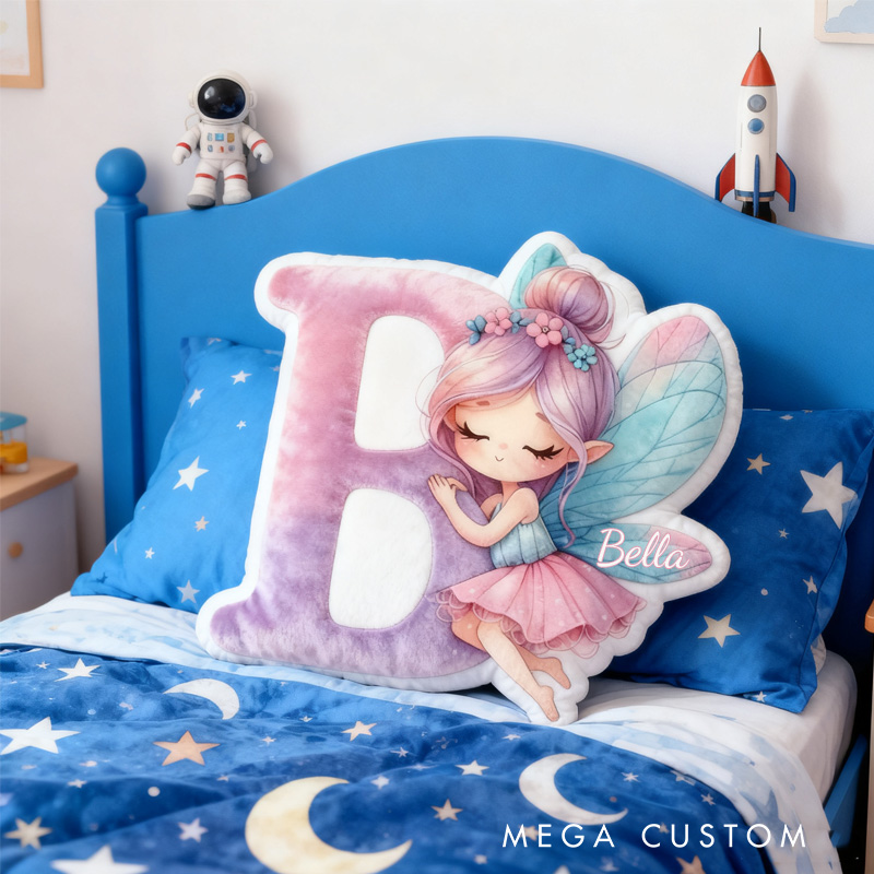 Personalized Fairy Alphabet Throw Pillow Graphic 3D Print Garden Fairy Letter Pillow with Name Pillow for Kids Girl Boy Gardener Christmas Gifts Loving Room Decor