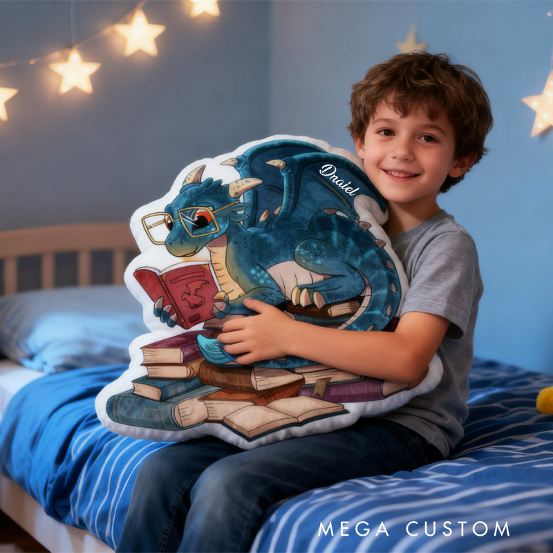 Personalized Reading Dragon Throw Pillow Graphic 3D Print Glasses Dragon Pillow with Name Book Pillow for Kids Boys Girls Book Lover Christmas Gift