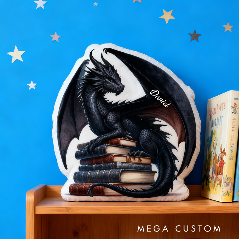 Personalized Black Dragon Throw Pillow Graphic 3D Print Dragon and Book Pillow with Name Book Pillow for Kids Boys Girls Book Lover Christmas Gift