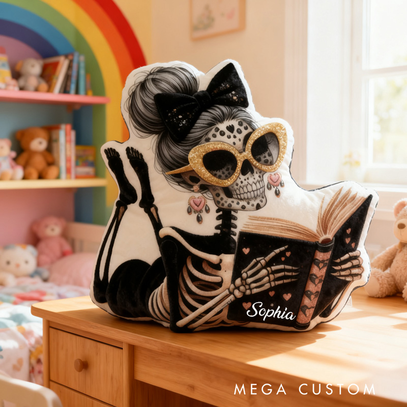 Personalized Reading Skeleton Throw Pillow Graphic 3D Print Fantasy Book Pillow with Name Book Pillow for Book Lover Christmas Gift