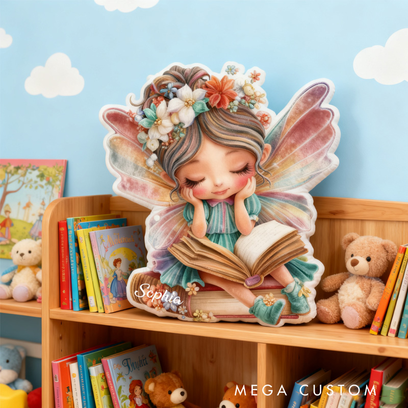 Personalized Fairy Reading Throw Pillow Graphic 3D Print Cute Fairy Pillow with Name Book Pillow for Kids Boys Girl Book Lover Christmas Gift