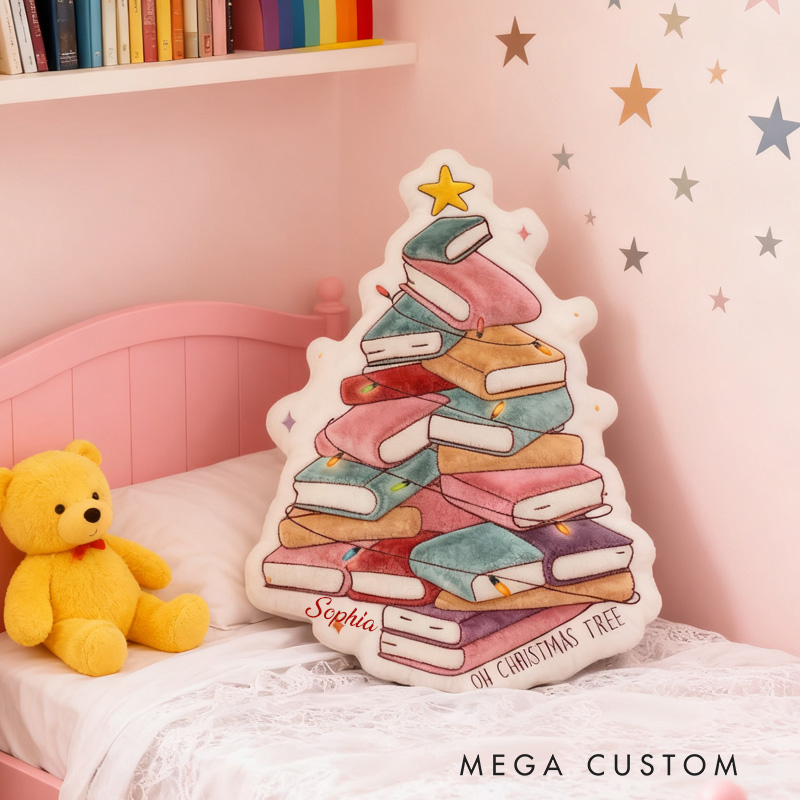 Personalized Book Christmas Tree Throw Pillow Graphic 3D Print Bookish Pillow with Name for Kids Boys Girl Book Lover Christmas Gift