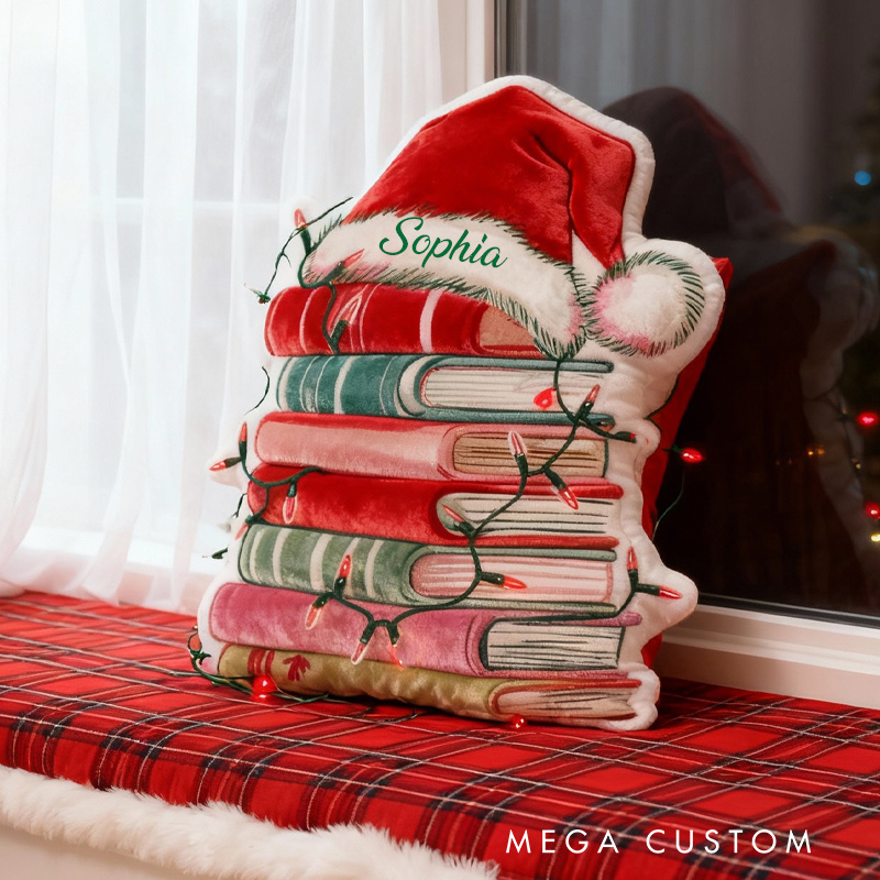 Personalized Christmas Books Throw Pillow Graphic 3D Print Bookish Pillow with Name for Kids Boys Girl Book Lover Christmas Gift