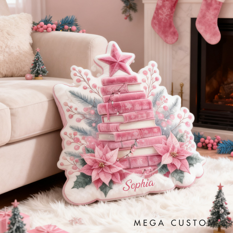 Personalized Christmas Book Tree Throw Pillow Graphic 3D Print Bookish Pillow with Name for Kids Boys Girl Book Lover Christmas Gift