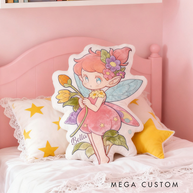 Personalized Flower Fairy Throw Pillow Graphic 3D Print Garden Fairy Pillow with Name Pillow for Kids Girl Gardener Christmas Gifts Loving Room Decor