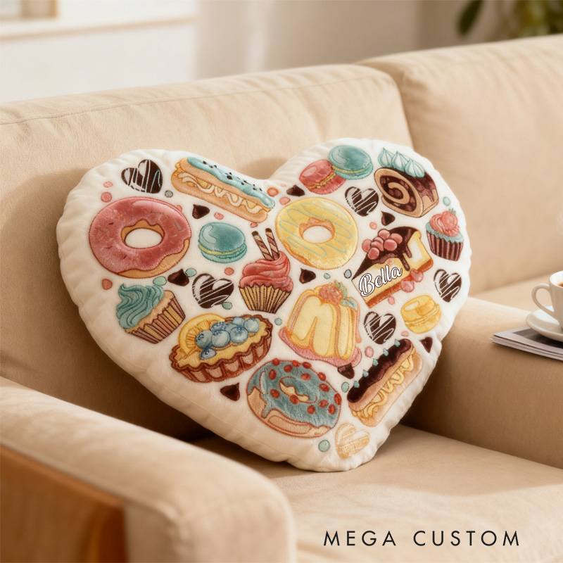 Personalized Dessert Heart Throw Pillow with Name Graphic 3D Print Donut Bread Pillow for Kids Girl Baker Christmas Gifts Loving Room Decor