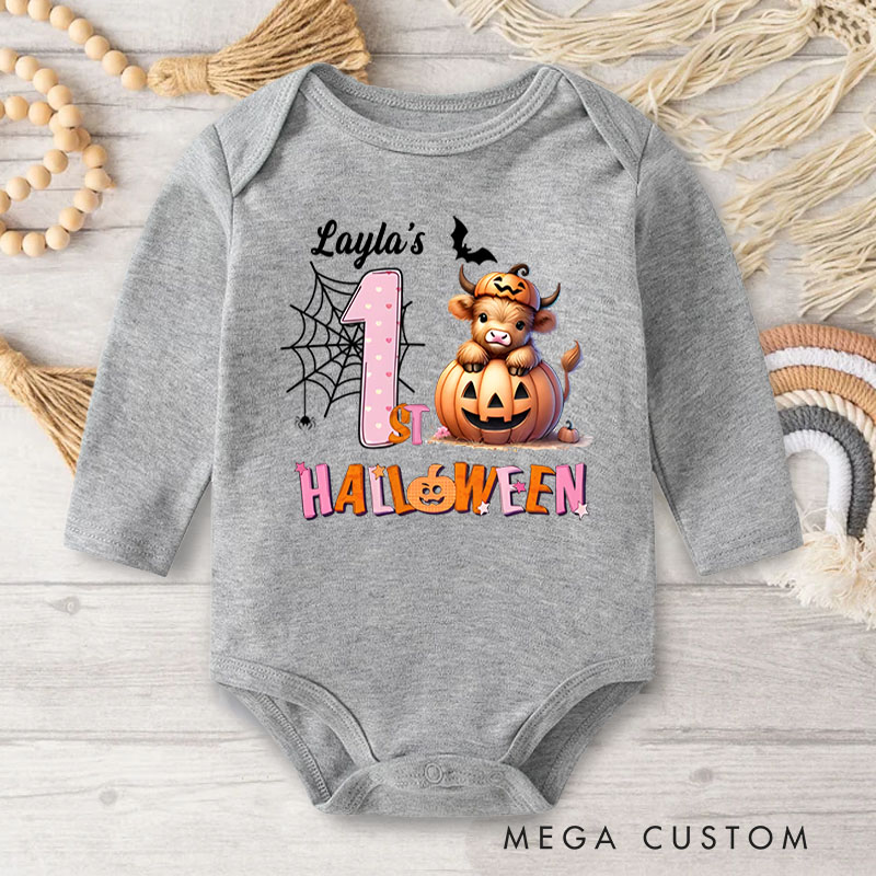 Personalized Spider Web and Pumpkin Design for Baby's First Halloween Celebration Baby Bodysuit