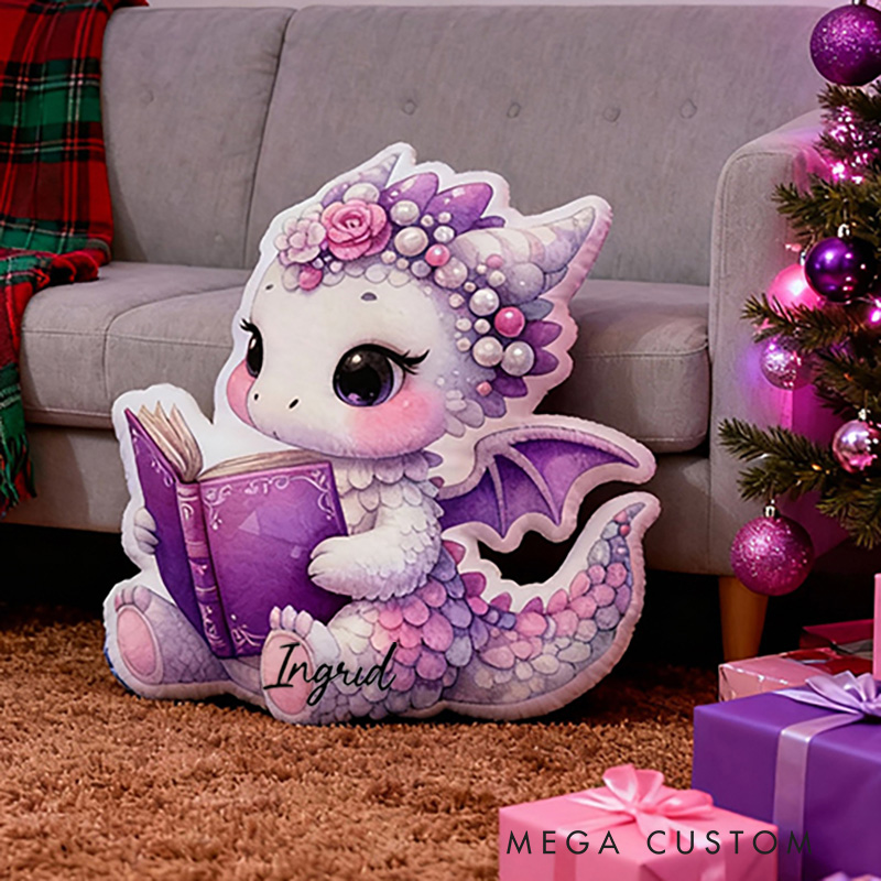 Personalized Reading Dragon Throw Pillow Graphic 3D Print Bookish Pillow with Name for Kids Boys Girl Book Lover Christmas Gift