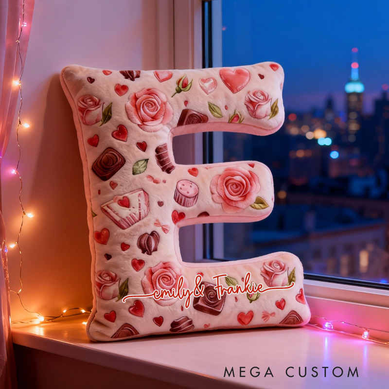 Personalized Chocolate and Heart Alphabet Throw Pillow with Name Graphic 3D Print Cupcake Heart Pillow for Boyfriend Girlfriend Valentines Day Gifts Baking Lover Gift