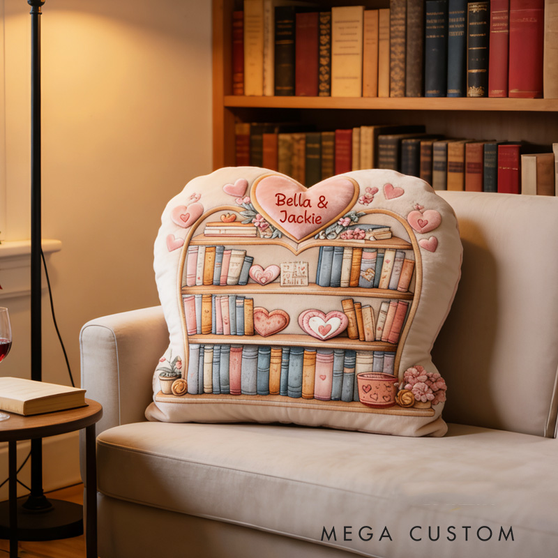 Personalized Valentine Bookcase Throw Pillow Graphic 3D Bookshelf Pillow with Name for Girlfriend Wife Bookish Bookworm Valentines Day Gift