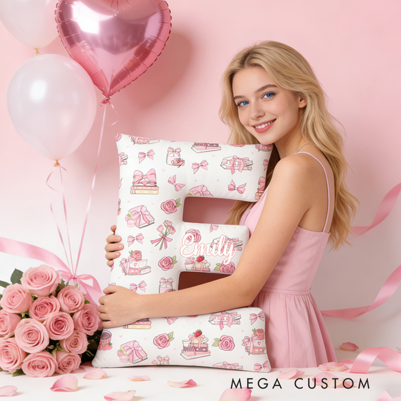 Personalized Flower Book Alphabet Throw Pillow Graphic 3D Coffee Book Letter Pillow with Name for Girlfriend Wife Book Lover Bookish Bookworm Valentines Day Gift