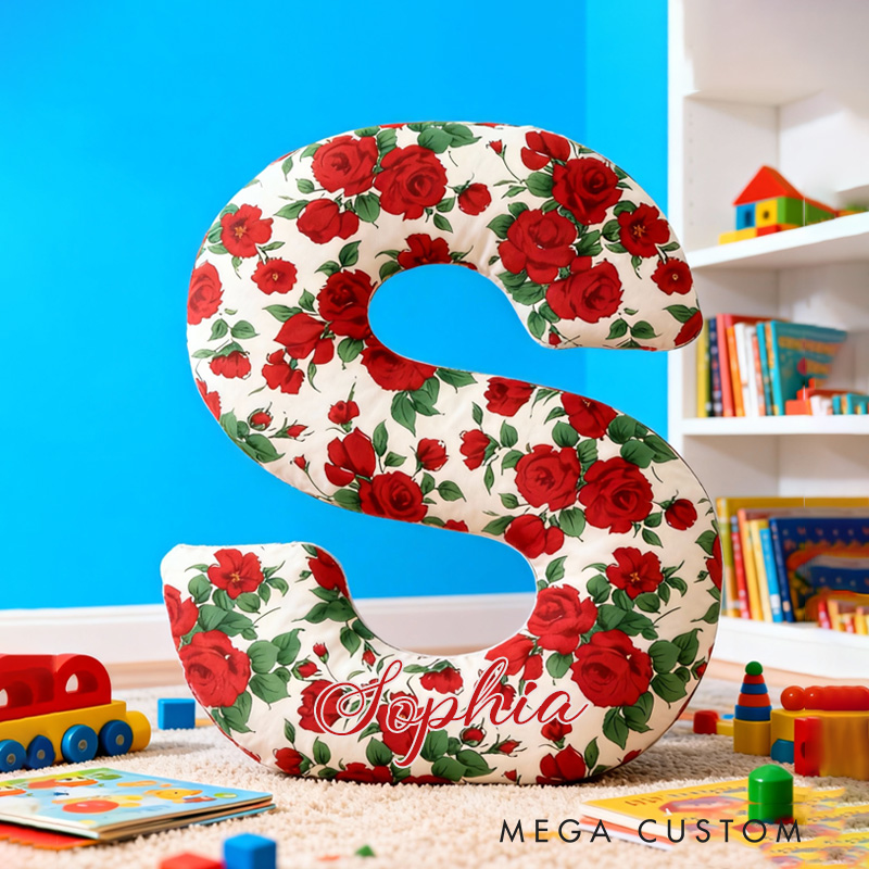 Personalized Red Rose Alphabet Throw Pillow Graphic 3D Print Rose Pillow with Name for Girlfriend Gardener Valentine's Day Gifts Loving Room Decor