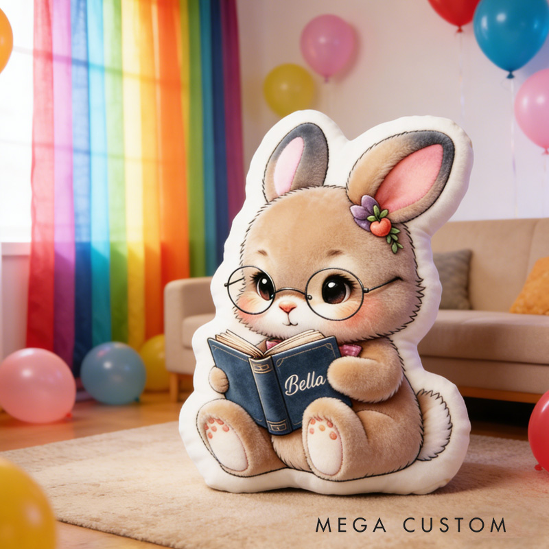 Personalized Reading Bunny Throw Pillow Graphic 3D Rabbit Reading Letter Pillow with Name for Kids Boy Girl Book Lover Bookish Bookworm Gift