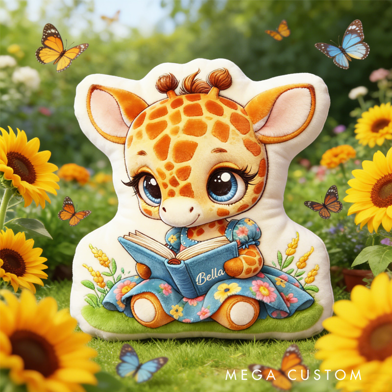 Personalized Reading Giraffa Throw Pillow Graphic 3D Giraffa Pillow with Name for Kids Boy Girl Book Lover Bookish Bookworm Gift