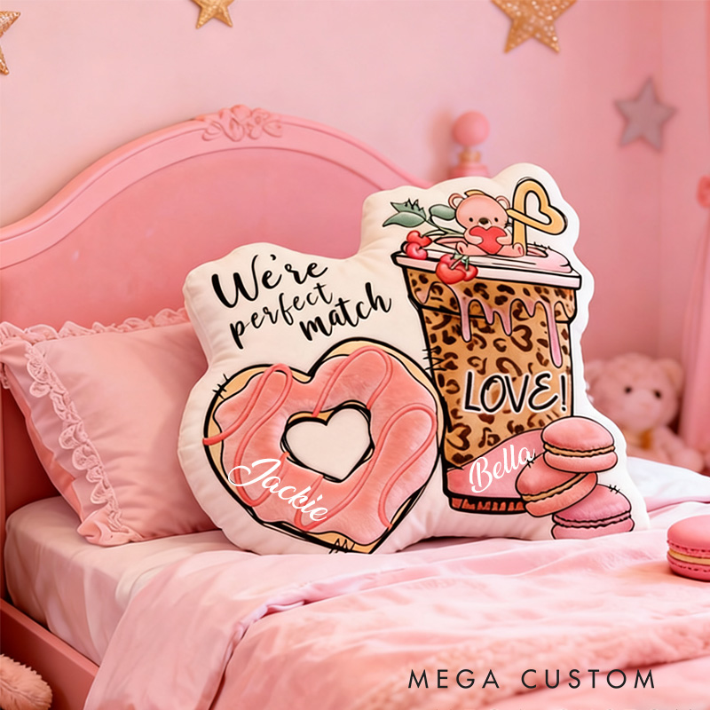 Personalized You're Perfect Match Throw Pillow Graphic 3D Print Heart Donut Couple Food Pillow with Name for Girlfriend Boyfriend Baking Lover Gifts Valentine's Day Gift