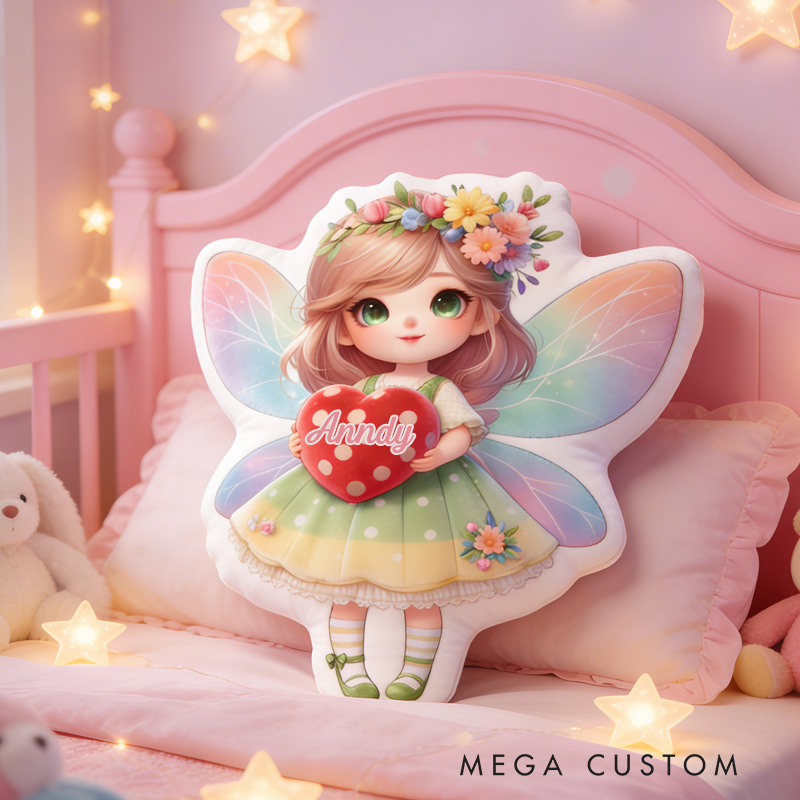 Personalized Fairy with Heart Throw Pillow Graphic 3D Print Fairy Pillow with Name for Girl Boy Kids Valentine's Day Gifts Loving Room Decor