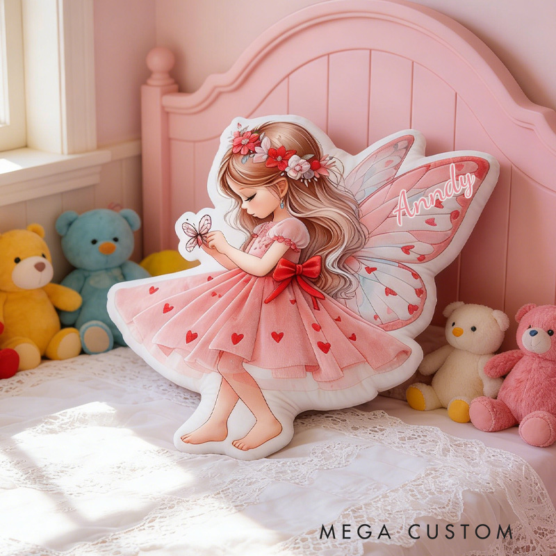 Personalized Heart Fairy Throw Pillow Graphic 3D Print Garden Fairy Pillow with Name for Girl Boy Kids Valentine's Day Gifts Loving Room Decor