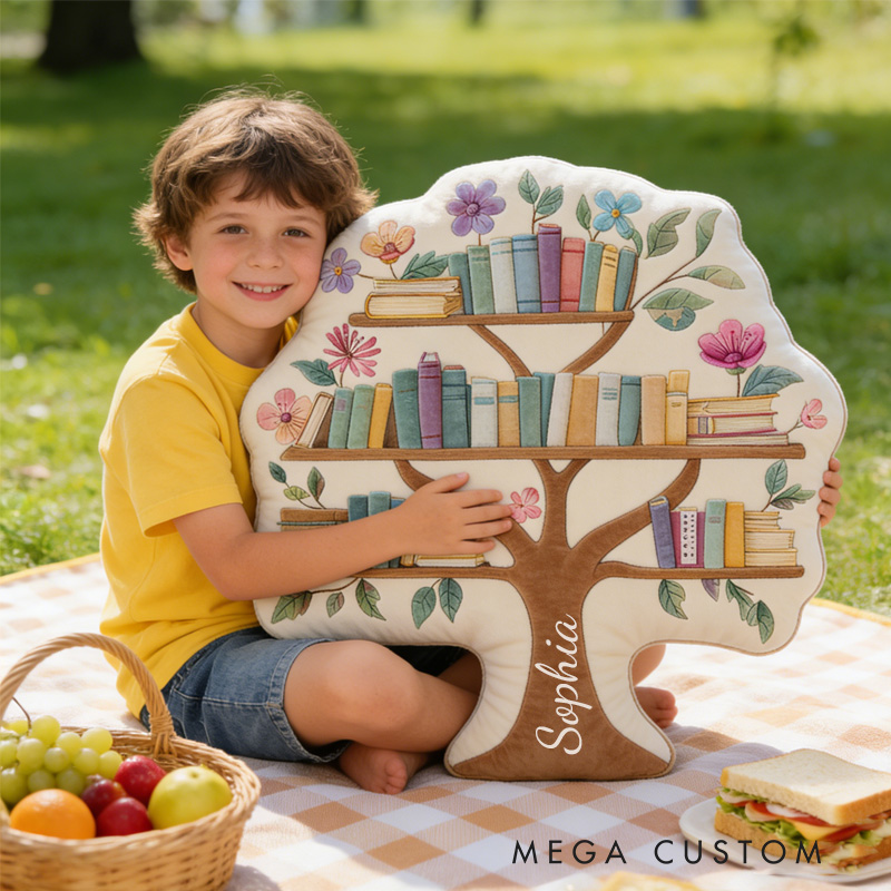 Personalized Tree Bookshelf Throw Pillow Graphic 3D Print Floral Bookshelf Pillow with Name for Book Lover Bookish Bookworm Reader Christmas Gift