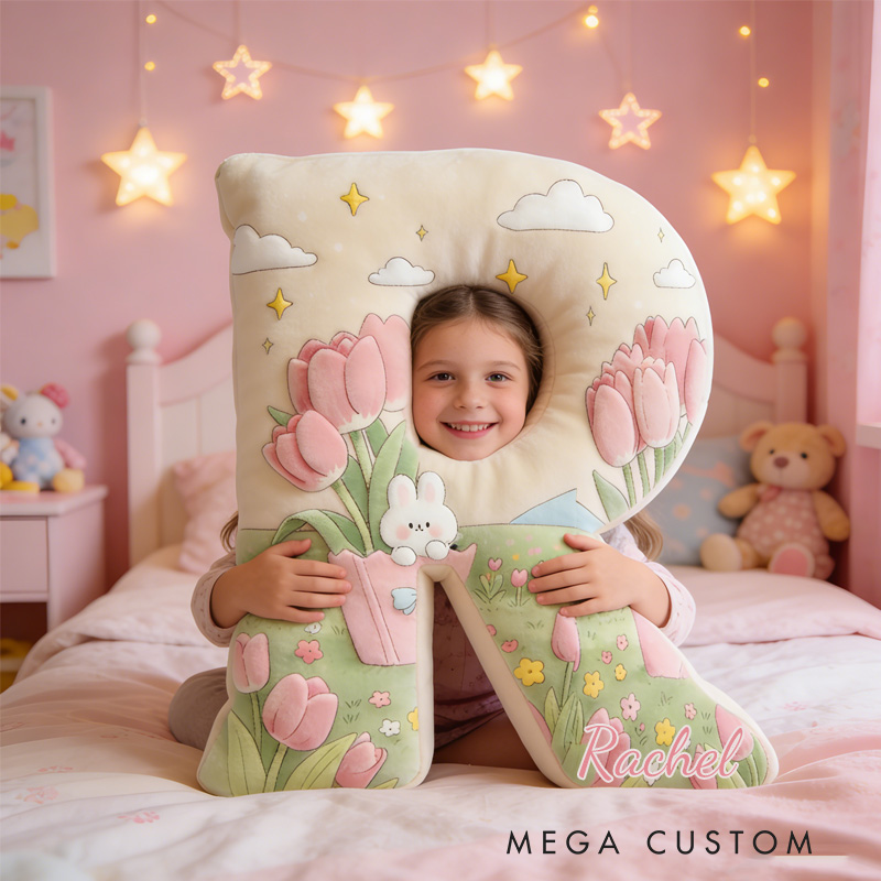 Personalized Rabbit and Tulip Throw Pillow Graphic 3D Print Tulip Pillow with Name for Girl Boy Kids Gardening Lover Christmas Gifts Loving Room Decor